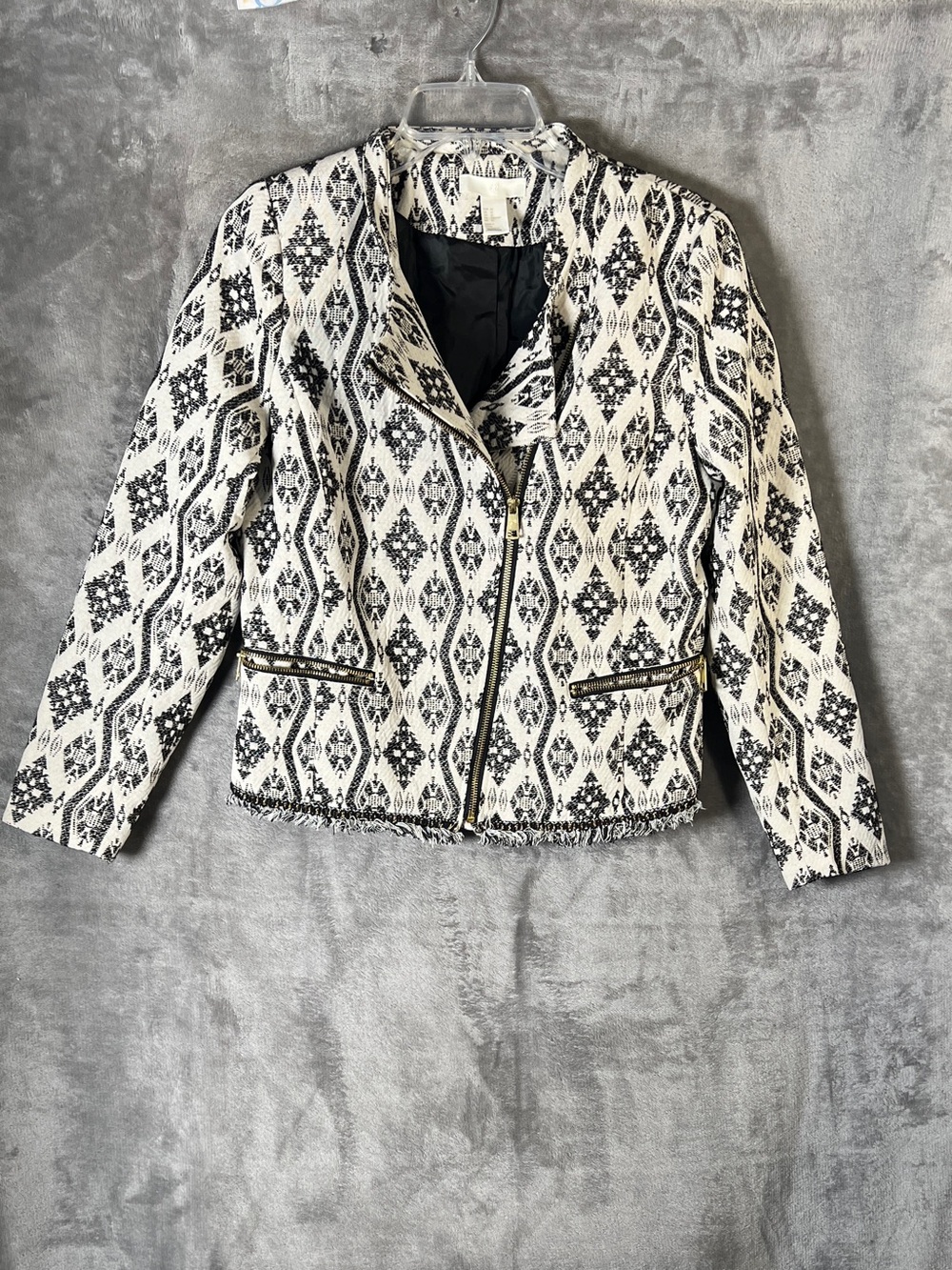 H&M Black and White Patterned Tweed Zip Jacket